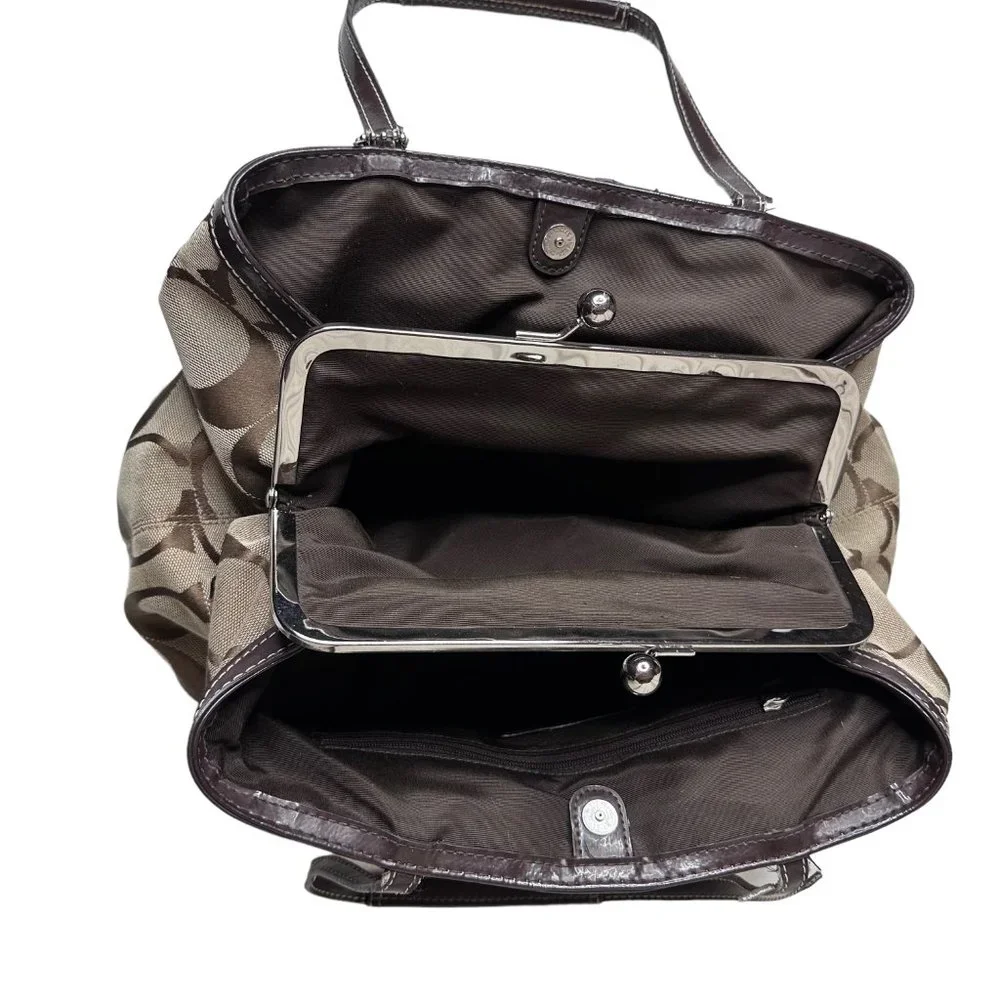 Coach Khaki and Mahogany Stripe Signature Kisslock Carryall Bag F19190 - Picture 10 of 13